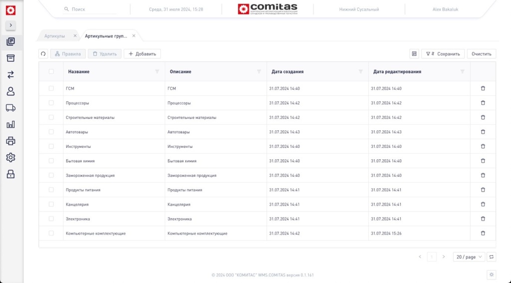 Рис 7 Артикульные группы. Скрин WMS COMITAS WCA 2.0.